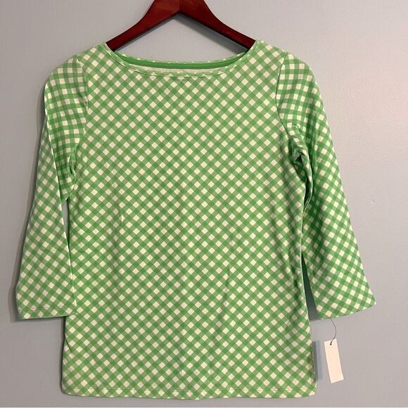 NWT Talbots Pima Cotton Bateau Neck Tee Green Gingham Sz Petite //Quarter Sleeve - Picture 4 of 12